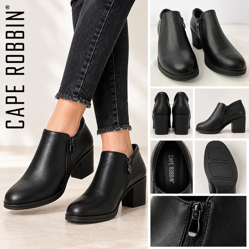 Black Faux Leather Ankle Boots EU 38 US 7.5 Block Heel Minimalist WorkwearM
